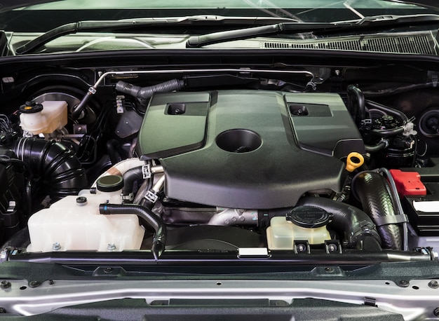 Photo closeup of the new engine in the modern diesel car