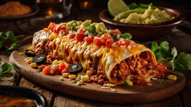 Closeup New Mexican flat enchiladas with vegetable chunks and blurred background