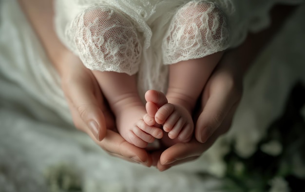 Closeup of a newborn baby39s tiny feet being held by an adult hand the baby is wrapped in white lace