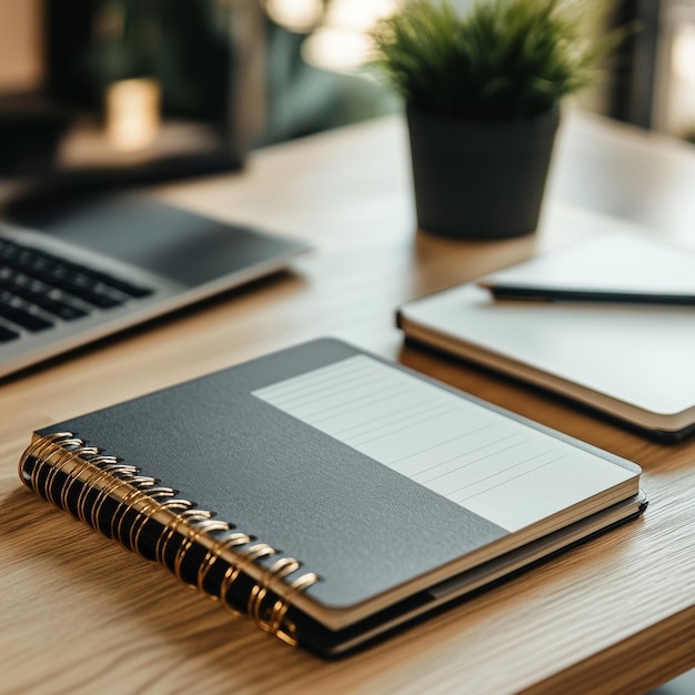 Photo closeup of notepad and laptop on wooden desk in office