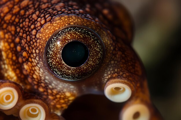 Photo closeup of an octopus eye with a golden sparkle