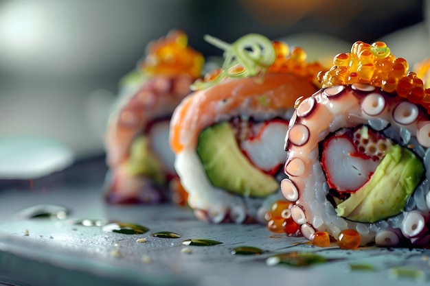 Photo closeup of octopus sushi roll with salmon and avocado