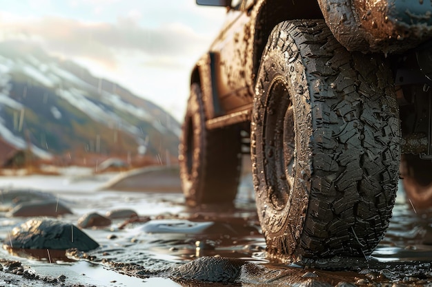 CloseUp of Offroad Car Tire Driving Through Muddy Mountain Trail