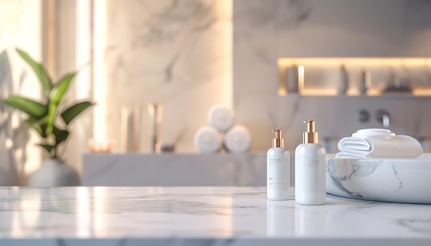 Closeup ofon the blurred bathroom shelf with a green plant on the left