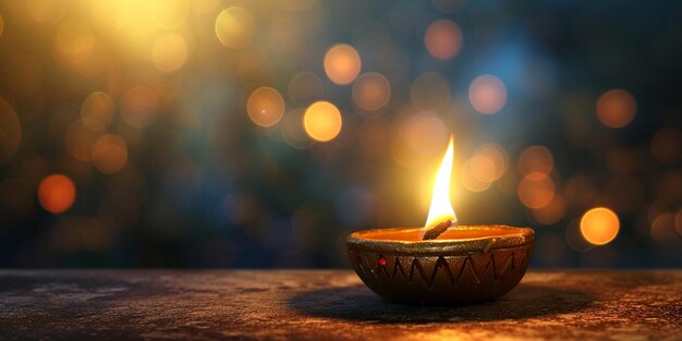 Closeup of an oil lamp or clay ignited fire already burning on a Diya on a concrete background Hin