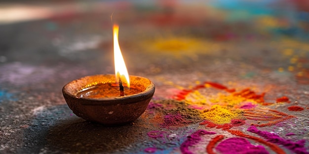 Closeup of an oil lamp or clay ignited fire already burning on a Diya on a concrete background Hin