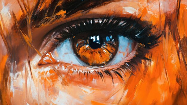 Photo closeup oil painting of a brown eye with long eyelashes