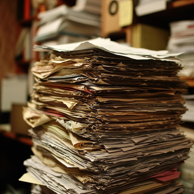 Closeup of an old archival paper on a blurred background of wooden office shelves