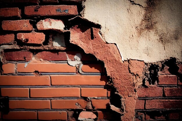 A closeup of an old brick wall with a weathered and cracked surface