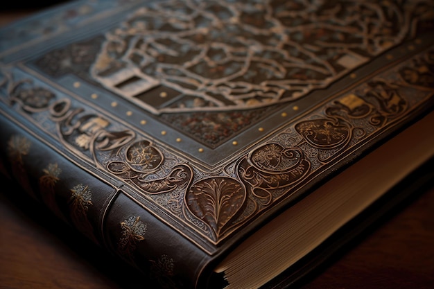 A closeup of an old leatherbound book with intricate designs and beautiful illustrations