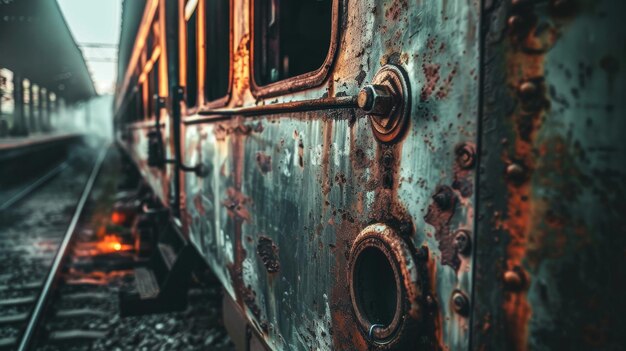 Photo closeup of an old rusted train car at an abandoned station evoking feelings of decay and nostalgia in an urban setting