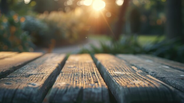 Closeup old wooden bench detailed grain weathered texture natural imperfections blurred garden background warm light depth of field natureinspired rustic charm autumn setting detailed