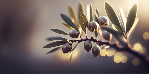 Closeup of olive fruit on tree branch Olive garden and sunlight background design AI Generated