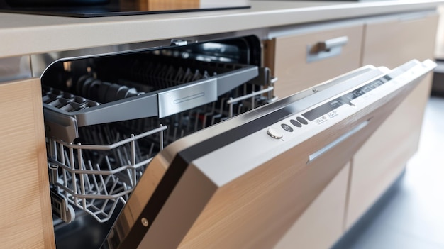 Photo closeup of open dishwasher in a sleek modern kitchen