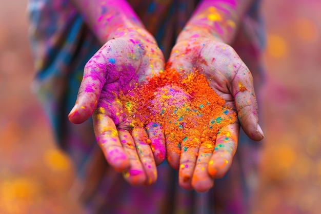 Closeup of an open hand with colorful powder paint symbolizing the Holi festival