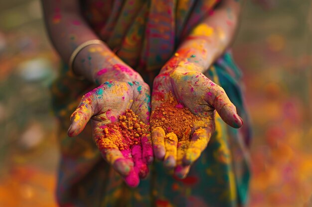 Closeup of an open hand with colorful powder paint symbolizing the Holi festival