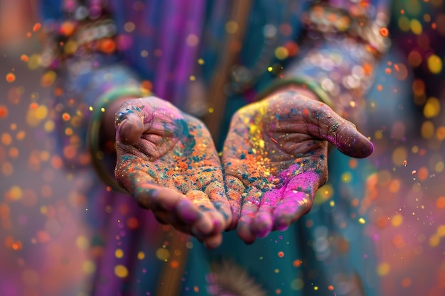 Closeup of an open hand with colorful powder paint symbolizing the Holi festival