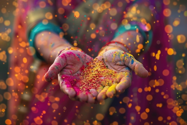 Closeup of an open hand with colorful powder paint symbolizing the Holi festival