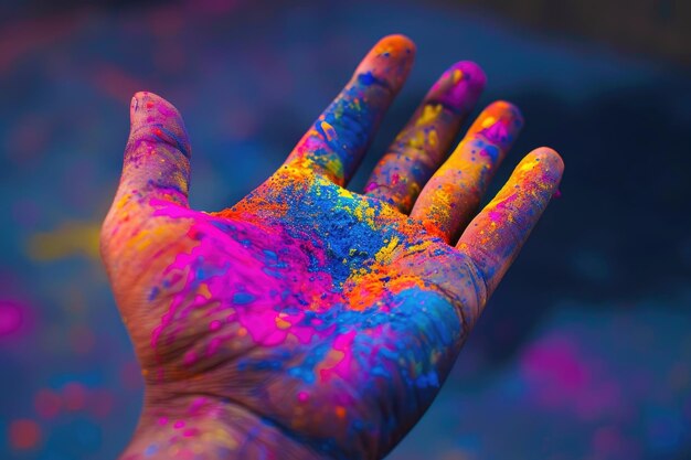 Photo closeup of an open hand with colorful powder paint symbolizing the holi festival