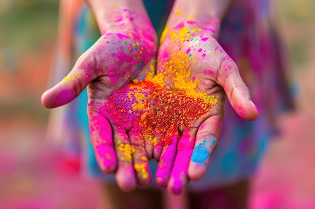 Photo closeup of an open hand with colorful powder paint symbolizing the holi festival