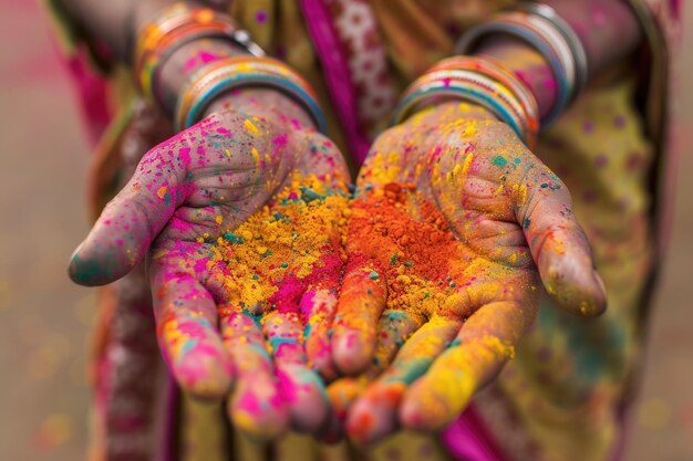 Closeup of an open hand with colorful powder paint symbolizing the Holi festival