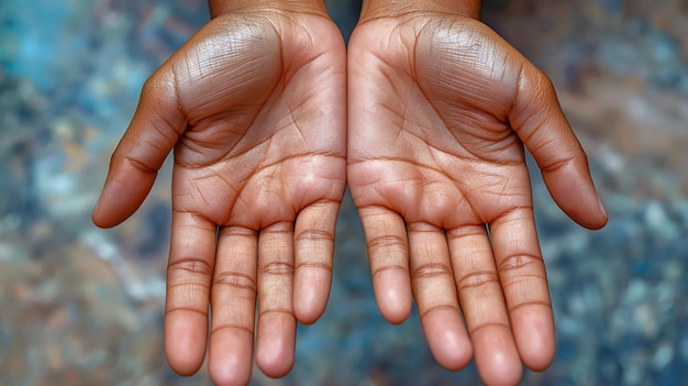 CloseUp of Open Hands with Detailed Palm Lines Against Textured Background