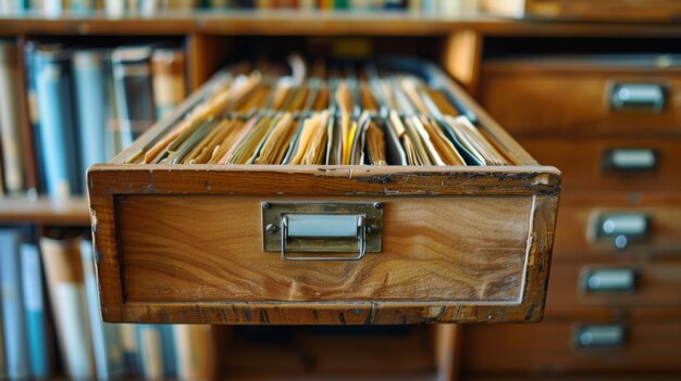 A closeup of an open wooden drawer filled with index cards in a vintage library card catalog