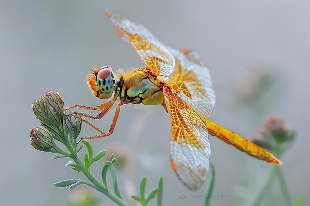 A closeup of an orange dragonfly perched on the tip of its wing with delicate transparent wings and