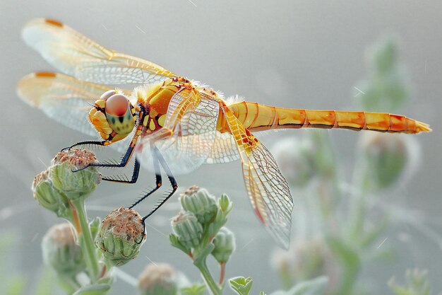 A closeup of an orange dragonfly perched on the tip of its wing with delicate transparent wings and