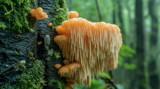 Photo closeup of orange fungi growing on forest tree trunk in a serene green woodland