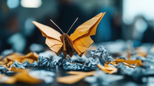 Photo closeup of an orange origami butterfly surrounded by crumpled paper in a blurred background