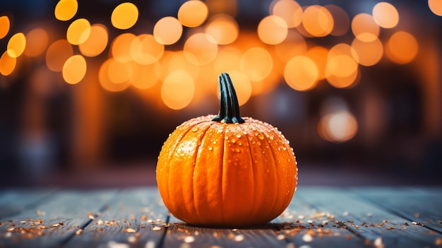 Closeup of orange pumpkin with colorful bokeh lights