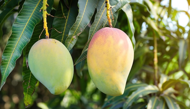 Closeup of orange ripe mangoes hanging under the rain