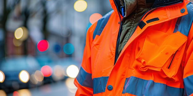 Closeup of an orange safety jacket with reflective stripes worn by a person standing on a busy urban street at dusk