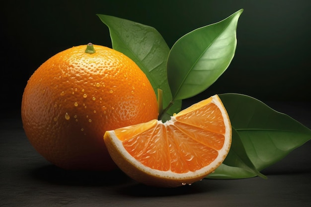 Closeup of an orange with leaves on the table Generative AI