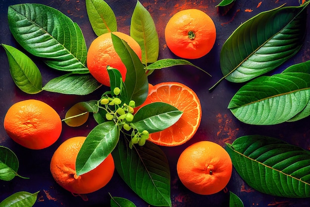 Closeup of oranges and green leaves top view Generative AI