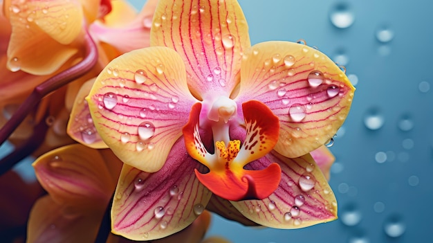 CloseUp of an Orchid with Water Droplets on Petals Against a Blue Background