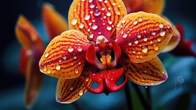 CloseUp of an Orchid with Water Droplets on Petals Against a Blue Background