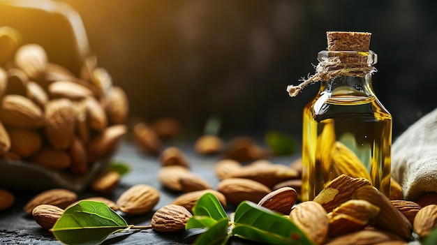 Closeup of organic natural almond oil in a glass with almond