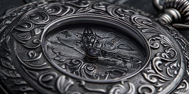 Photo closeup of an ornate pocket watch face with intricate details