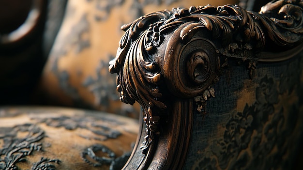 Photo closeup of ornate wooden carving on a vintage chair