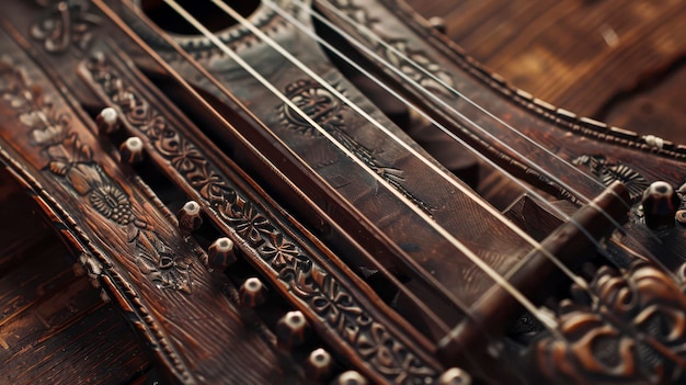 Closeup of an Ornate Wooden Musical Instrument With Intricate Carvings