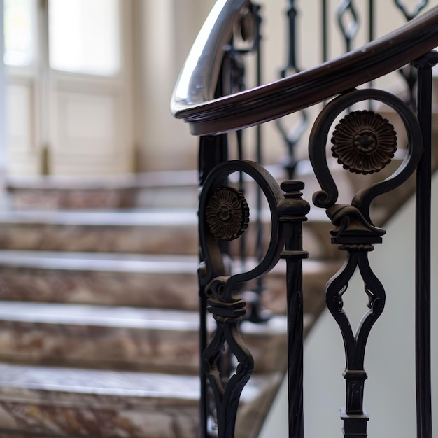 Photo closeup of an ornate wrought iron handrail on a grand staircase the railing is decorated with intricate details and a wooden handgrip