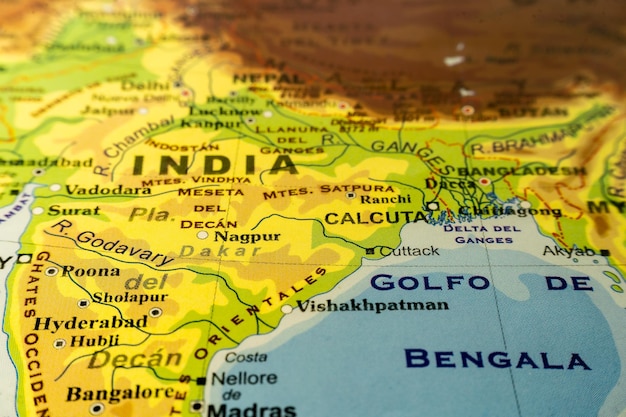 Closeup orographic map of Bangladesh Ganges delta and Northwest India with references in Spanish Concept cartography tourism geography Differential focus