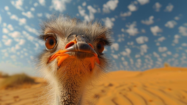 Photo closeup of ostrich face in desert generative ai