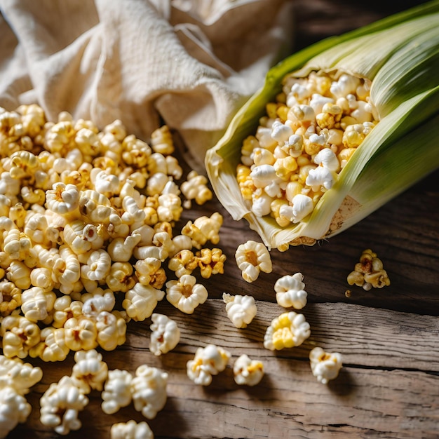 Closeup overhead view of fresh corn and popped popcorn on a surface 1