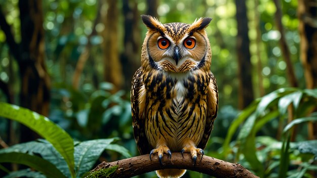 Photo closeup of owl in vibrant jungle landscape generated by ai