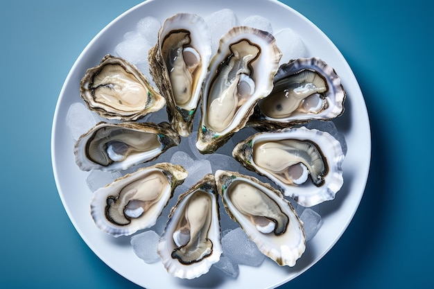 Closeup of oysters on a plate with ice Top view