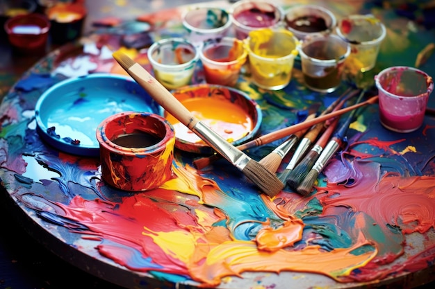 CloseUp of Paint Brushes and Paints on Table