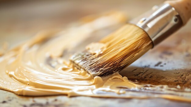 Photo closeup of a paintbrush applying a coat of paint to a wooden surface the bristles of the brush are splayed out and covered in paint